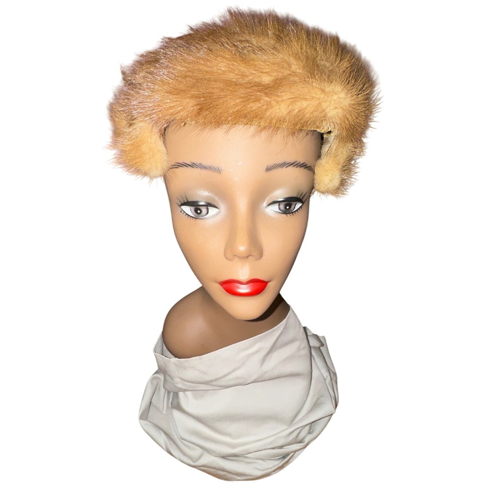 Vintage Mink Fur Pillbox Hat Orange‎ Satin Bow Veil Union Made Women"s Glamour